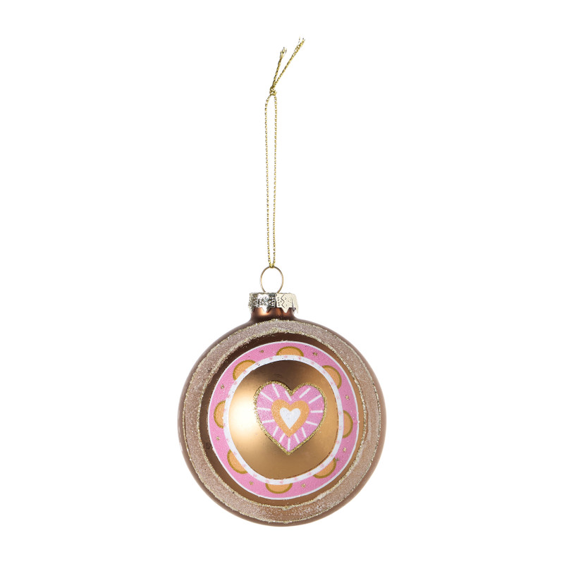 Kerstbal met hartje - roze/wit/goudkleurig - ø8 cm