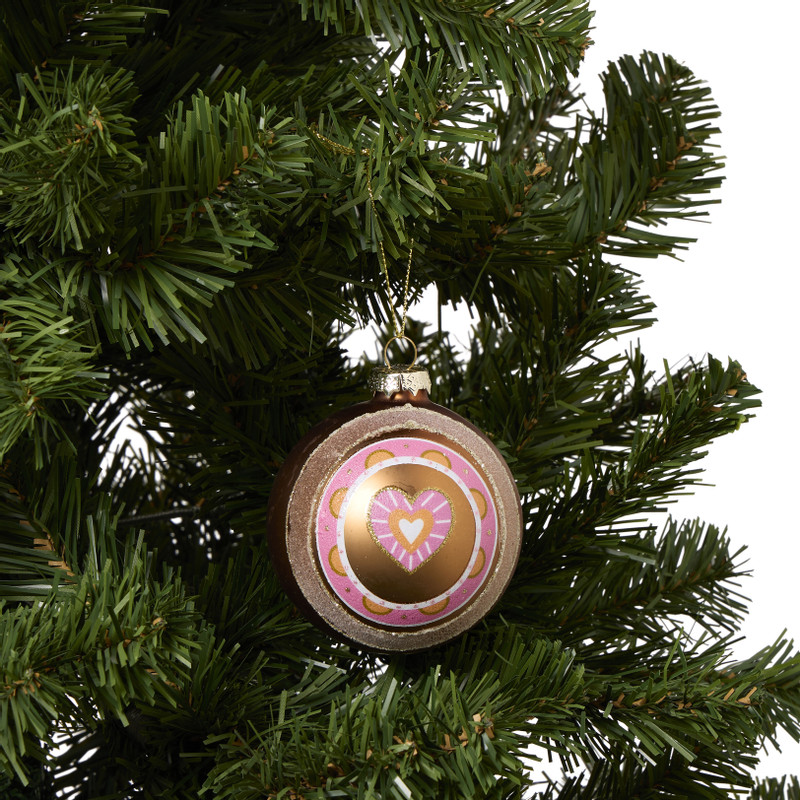 Kerstbal met hartje - roze/wit/goudkleurig - ø8 cm
