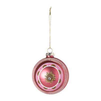 Kerstbal met bloem - roze/wit/goudkleurig - ø8 cm