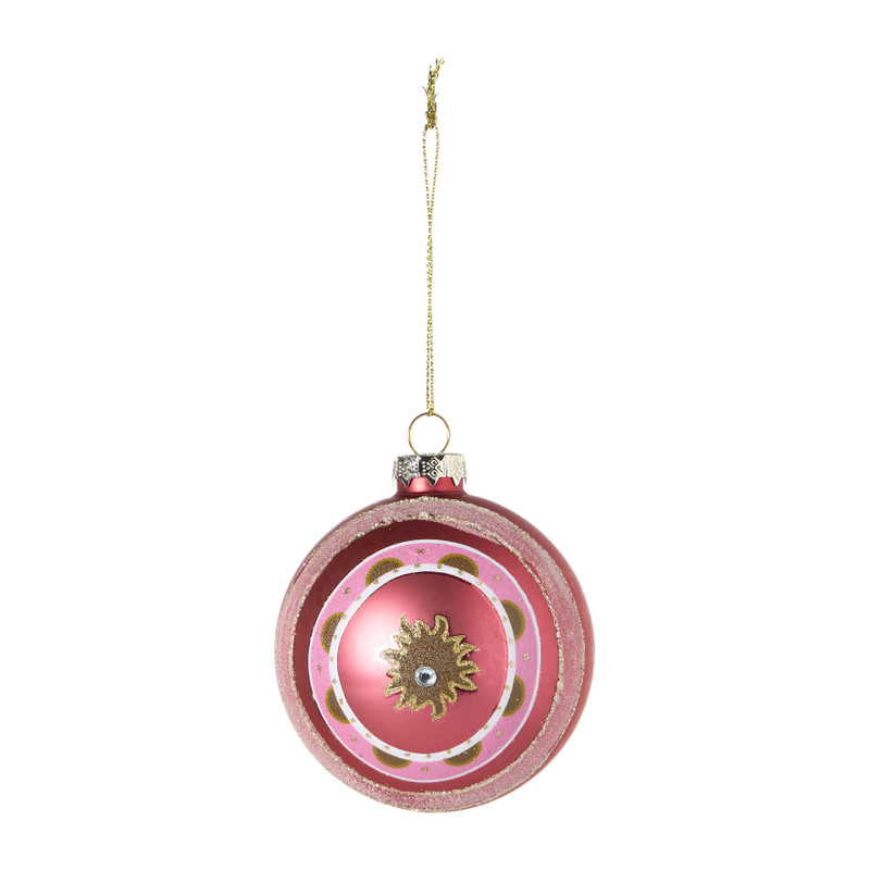Kerstbal met bloem - roze/wit/goudkleurig - ø8 cm