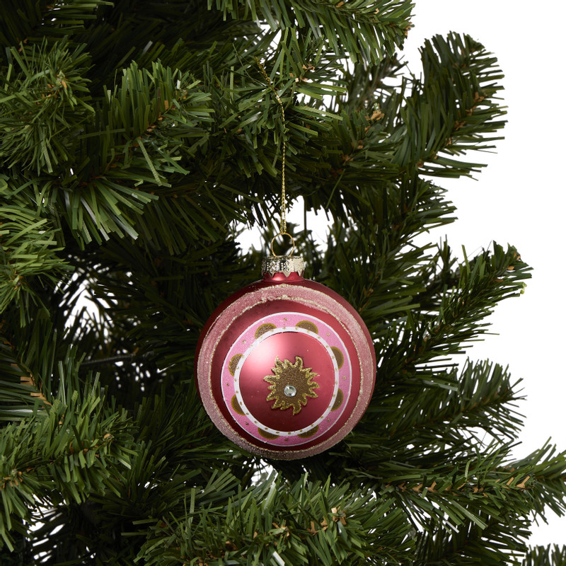 Kerstbal met bloem - roze/wit/goudkleurig - ø8 cm