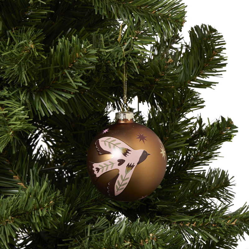 Kerstbal met vredesduif - roze/goudkleurig - ø8 cm