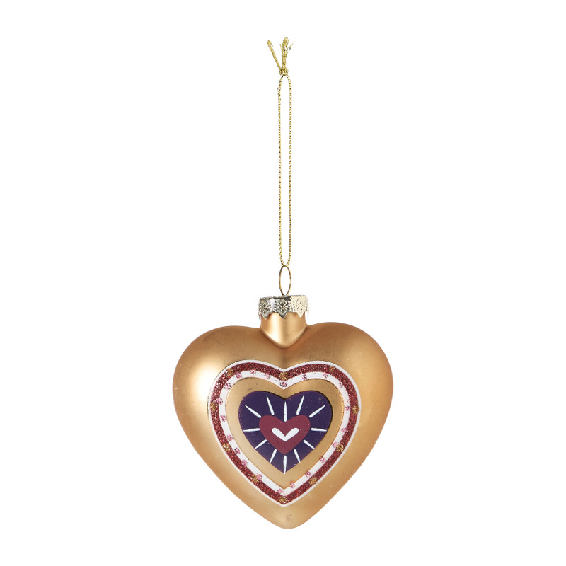 Kerstbal hartvormig - roze/goudkleurig - 8x5x5 cm