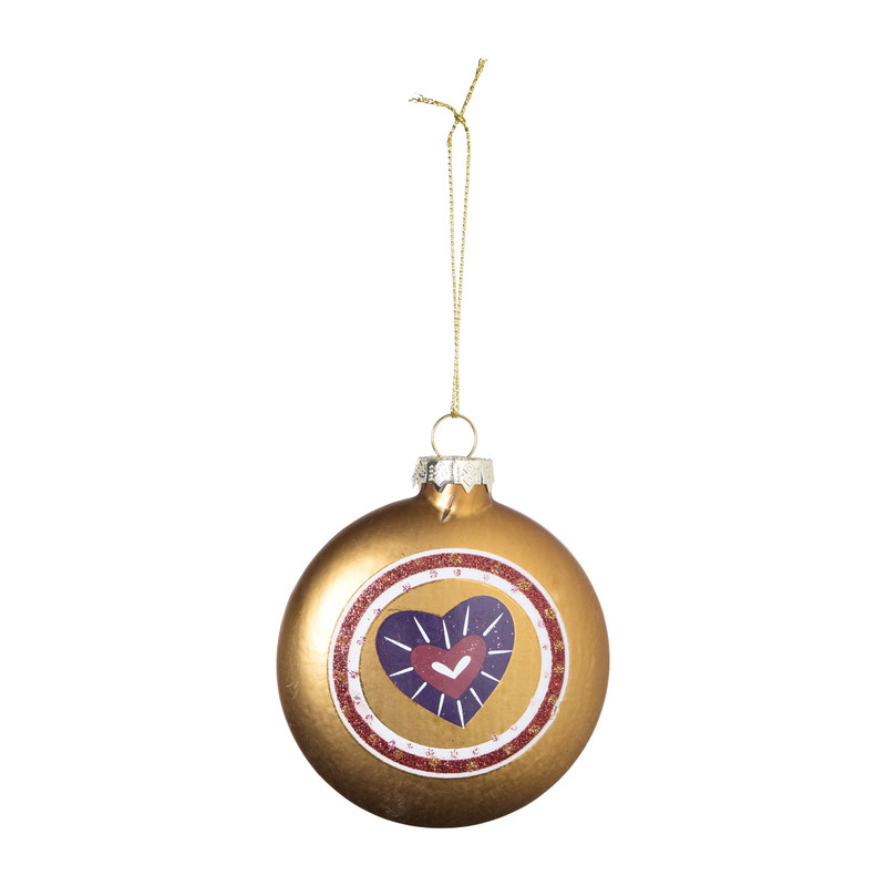 Kerstbal plat - burgundy/roze/goudkleurig - 8x5x5 cm