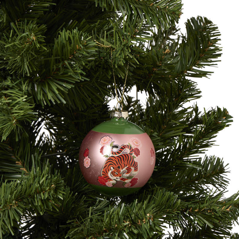 Kerstbal met handgeschilderde bloem - roze/goudkleurig/groen - ø8 cm