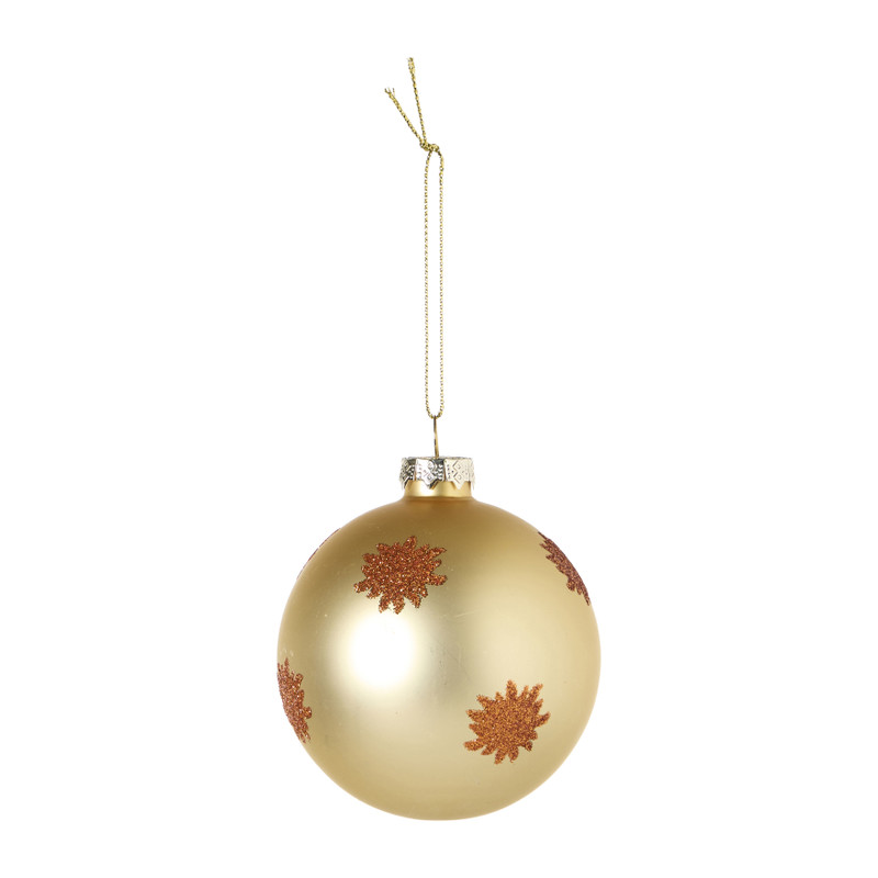 Kerstbal met glitter zonnetjes - goudkleurig/rood - ø8 cm