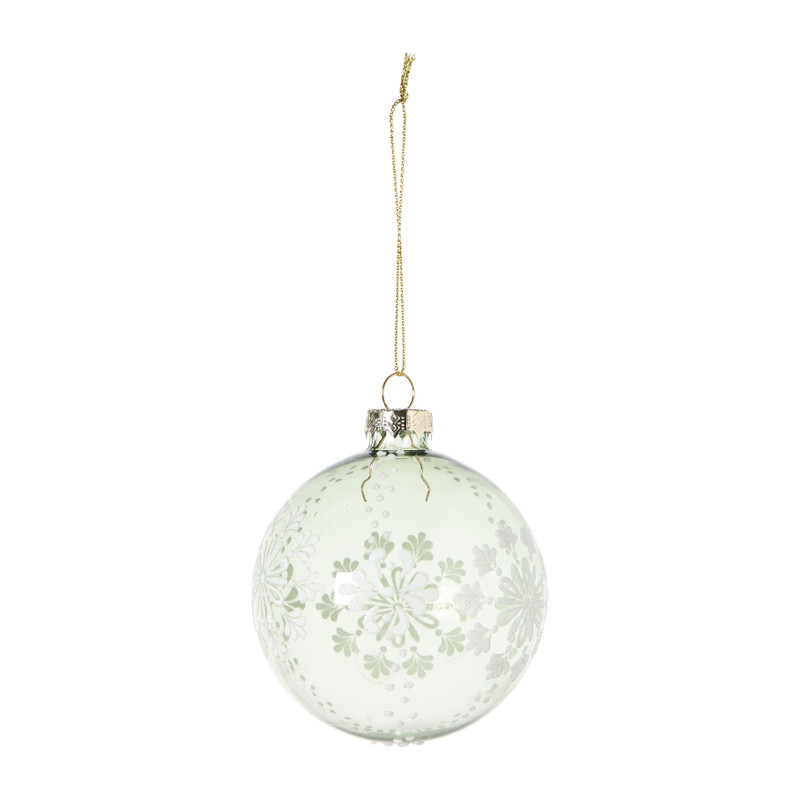 Kerstbal met witte bloemen - groen/transparant - ø8 cm