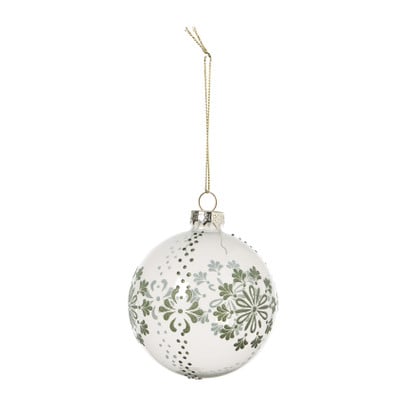Kerstbal met groene bloemen - wit/transparant - ø8 cm