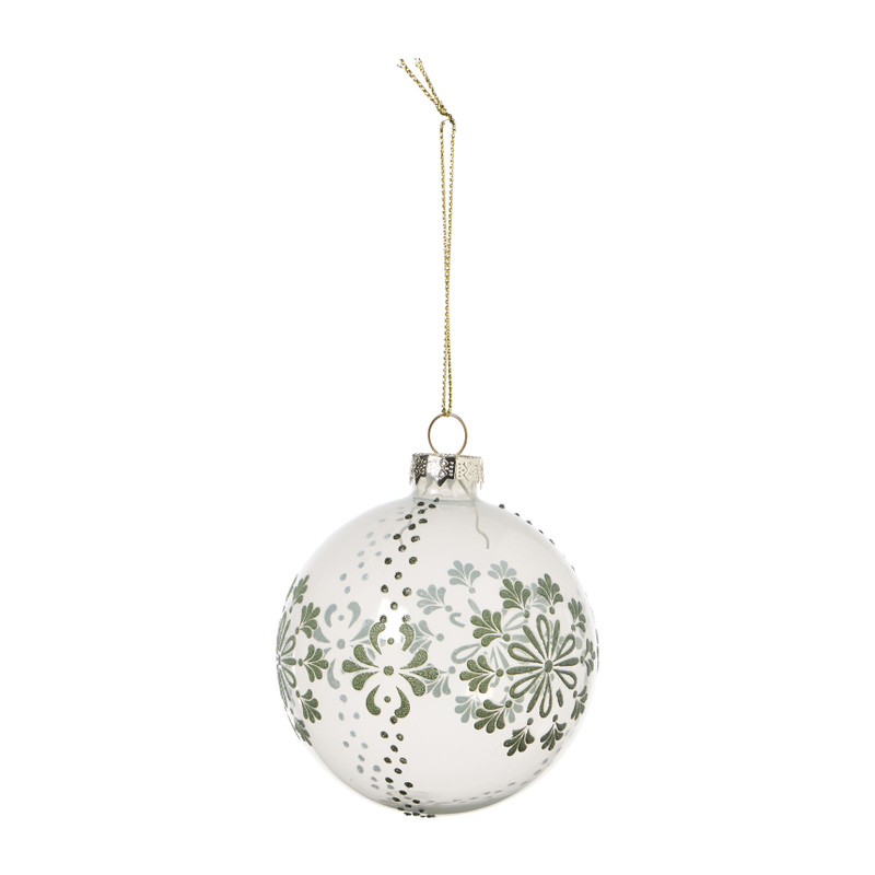 Kerstbal met groene bloemen - wit/transparant - ø8 cm