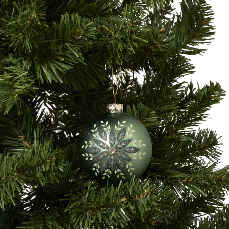 Kerstbal met ster blad - groen - ø8 cm