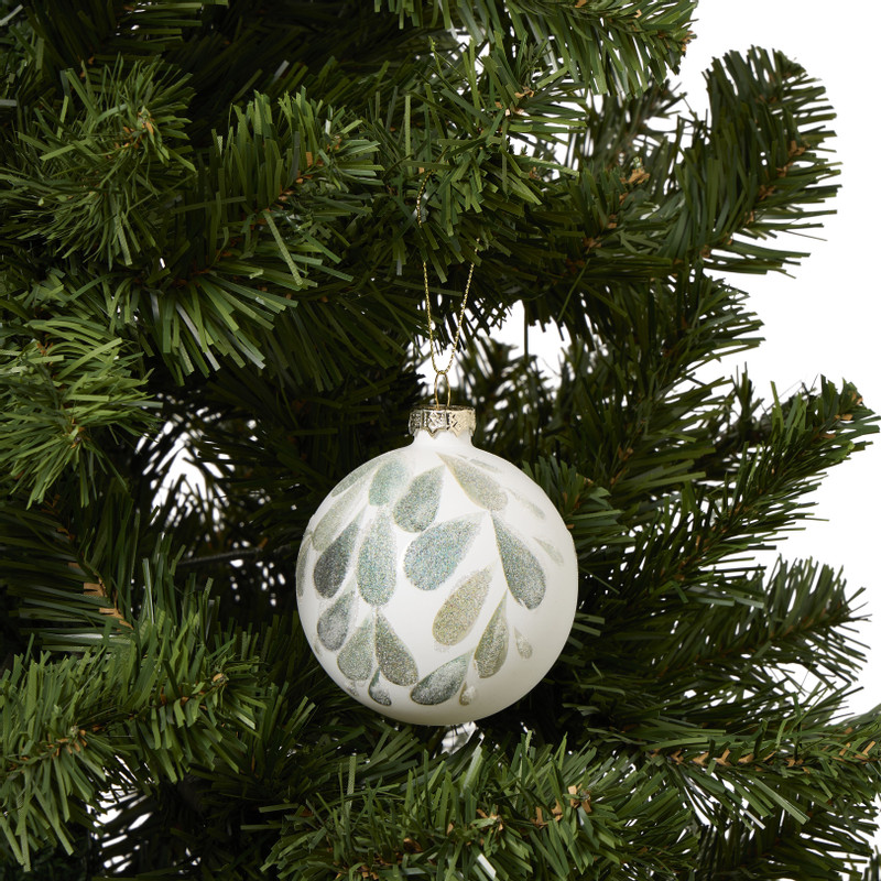 Kerstbal blaadjes - wit/groen - ø8 cm
