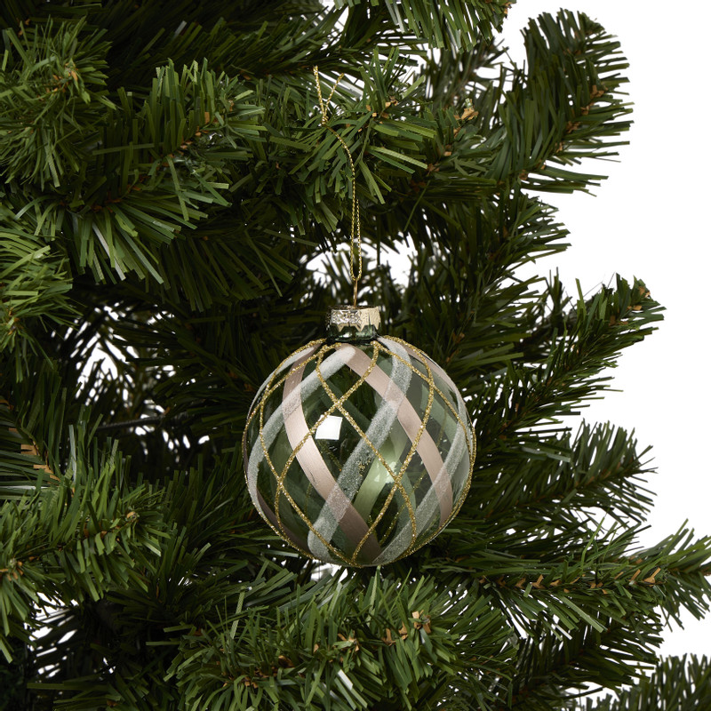 Kerstbal geruit - groen/goudkleurig - ø8 cm