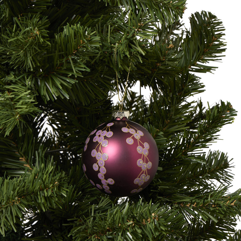 Kerstbal met bloemen - bordeaux rood - ø8 cm