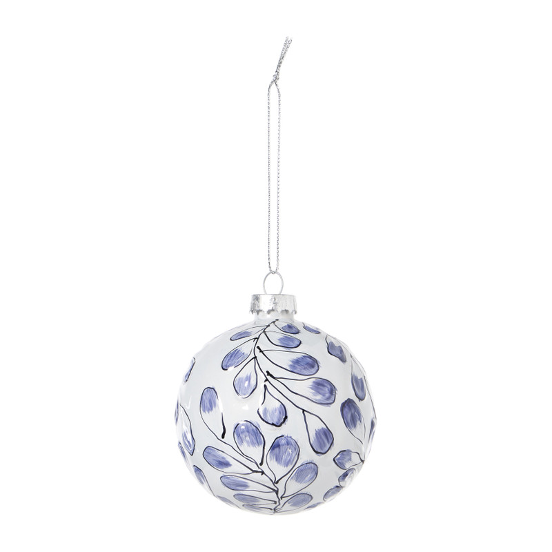 Kerstbal handgeschilderd - wit/blauw - ø8 cm