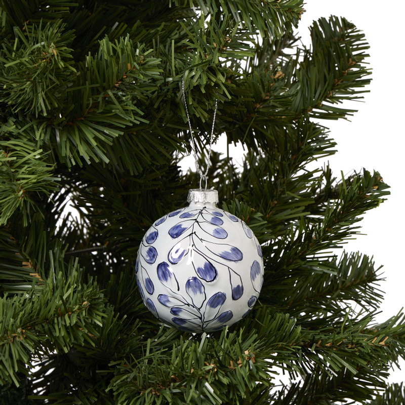 Kerstbal handgeschilderd - wit/blauw - ø8 cm