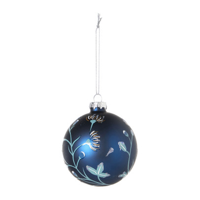 Kerstbal vogel en bloem - blauw - ø8 cm