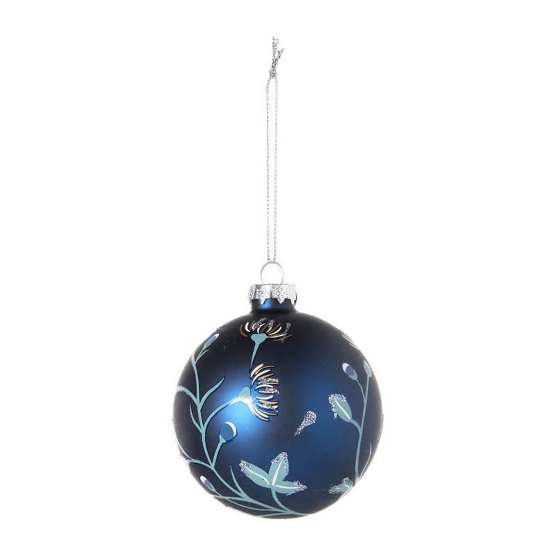 Kerstbal vogel en bloem - blauw - ø8 cm