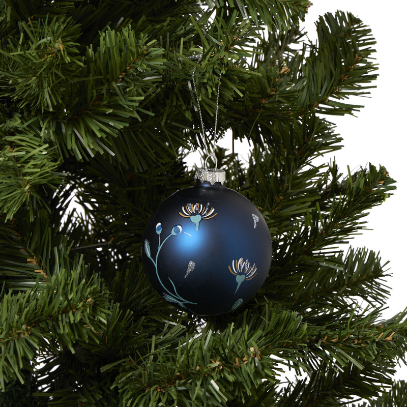Kerstbal vogel en bloem - blauw - ø8 cm