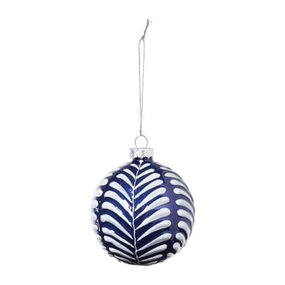 Kerstbal blaadjes handgeschilderd - wit/blauw - ø8 cm