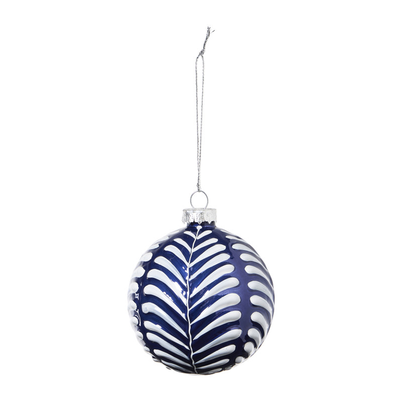 Kerstbal blaadjes handgeschilderd - wit/blauw - ø8 cm