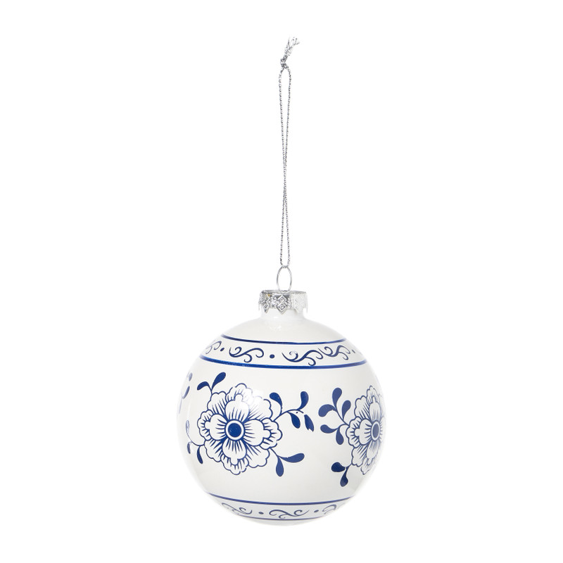 Kerstbal bloem - wit/blauw - ø8 cm