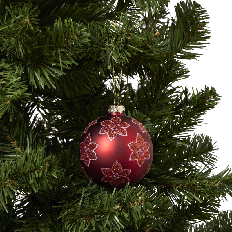 Kerstbal bloem - rood - ø8 cm