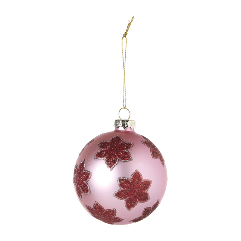 Kerstbal bloem - roze/rood - ø8 cm