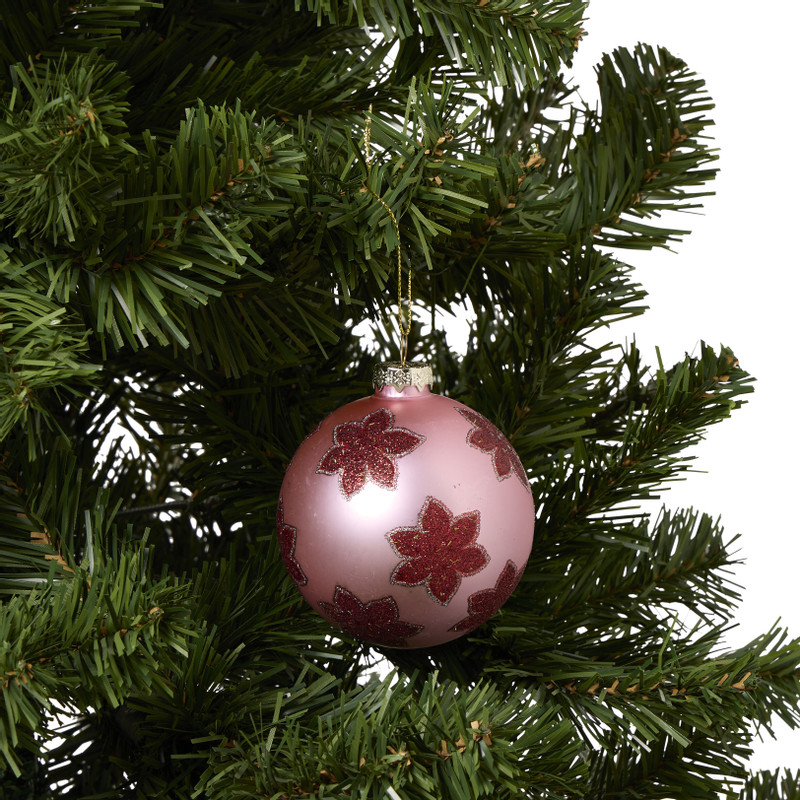 Kerstbal bloem - roze/rood - ø8 cm