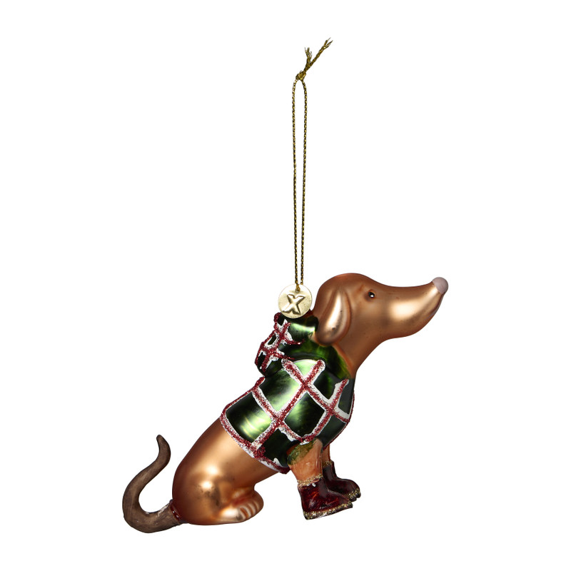 Kersthanger hond met jasje - bruin - 14x3x8 cm 