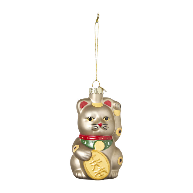Kersthanger lucky cat - bruin - 6.3x5.8x10.6 cm