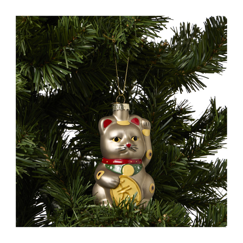 Kersthanger lucky cat - bruin - 6.3x5.8x10.6 cm