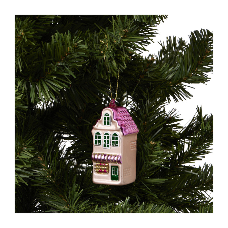 Kersthanger huisje - roze - ø4x8.6 cm