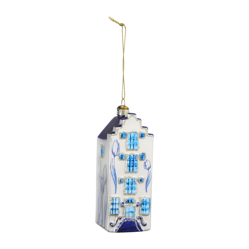 Kersthanger huisje blauw/wit - wit/blauw - 4.5x4.6x11.6 cm