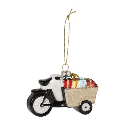 Kersthanger bakfiets met cadeaus - zwart/goudkleurig - 10x3x6 cm