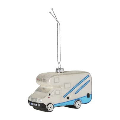 Kersthanger camper - wit/blauw - 11x5x7.5 cm