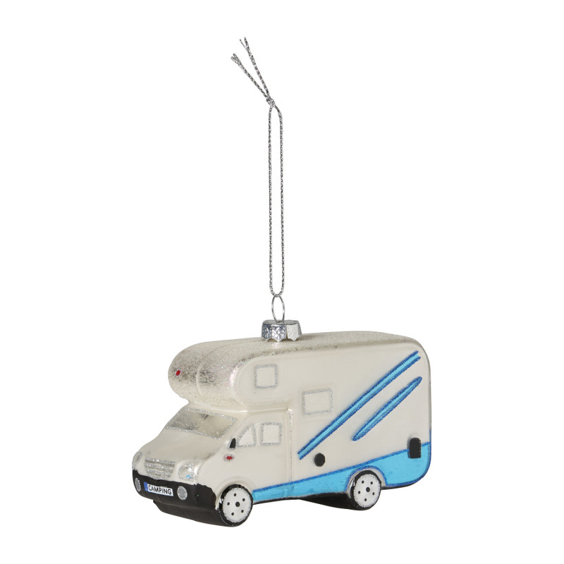 Kersthanger camper - wit/blauw - 11x5x7.5 cm