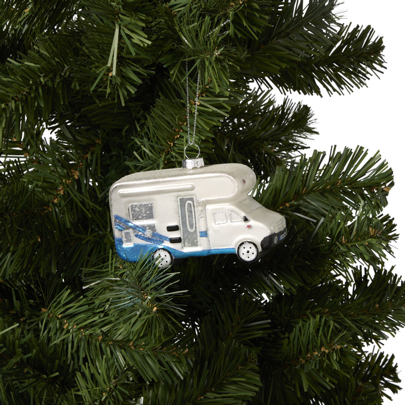 Kersthanger camper - wit/blauw - 11x5x7.5 cm