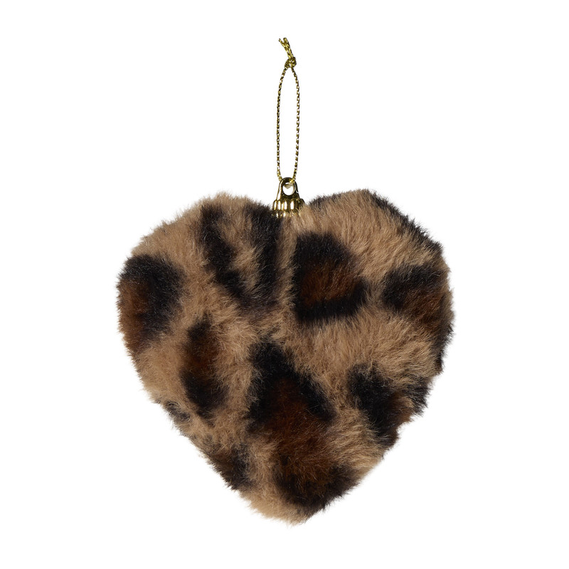 Kersthanger hart pluche luipaard - beige/bruin - ø8 cm