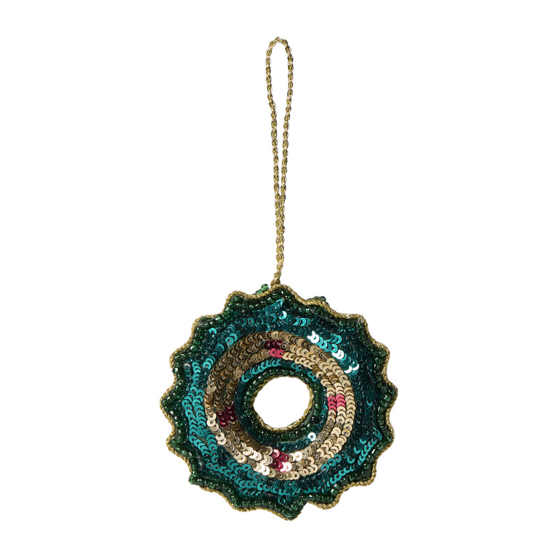 Kersthanger krans pailletten - groen - 8.5x8.5 cm