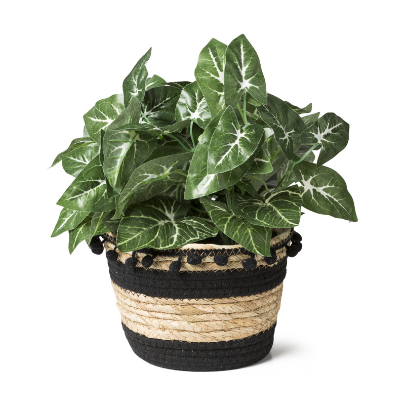 Bloempot met pompoms - naturel/zwart- ⌀18x15 cm