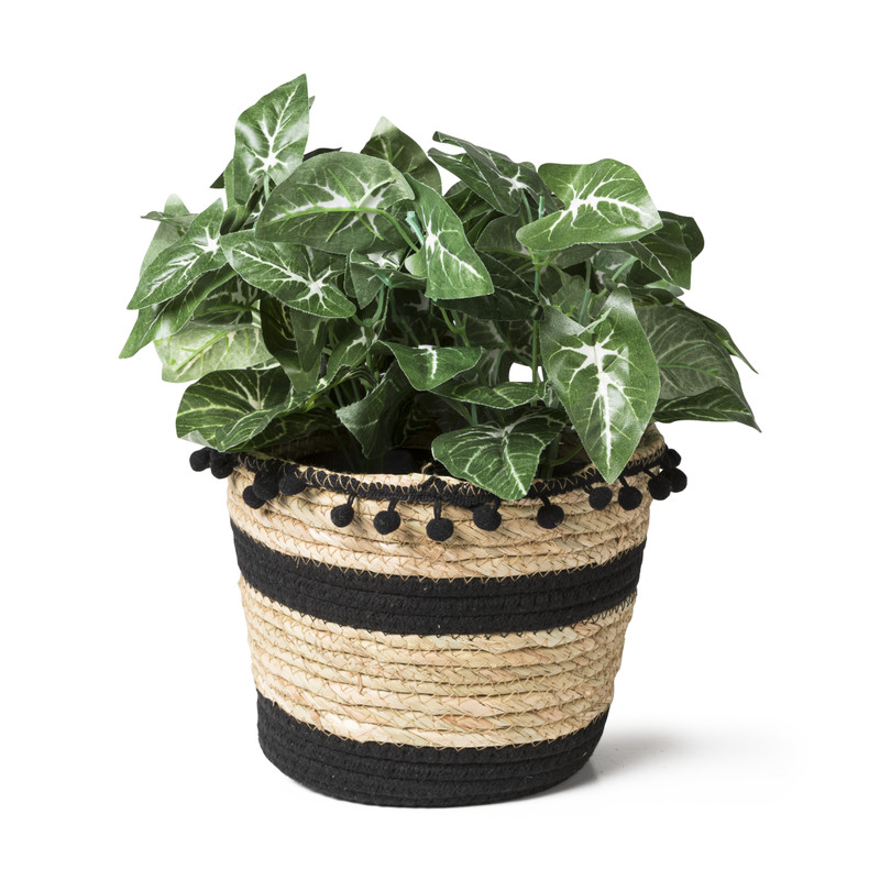 Bloempot met pompoms - naturel/zwart- ⌀22x17 cm