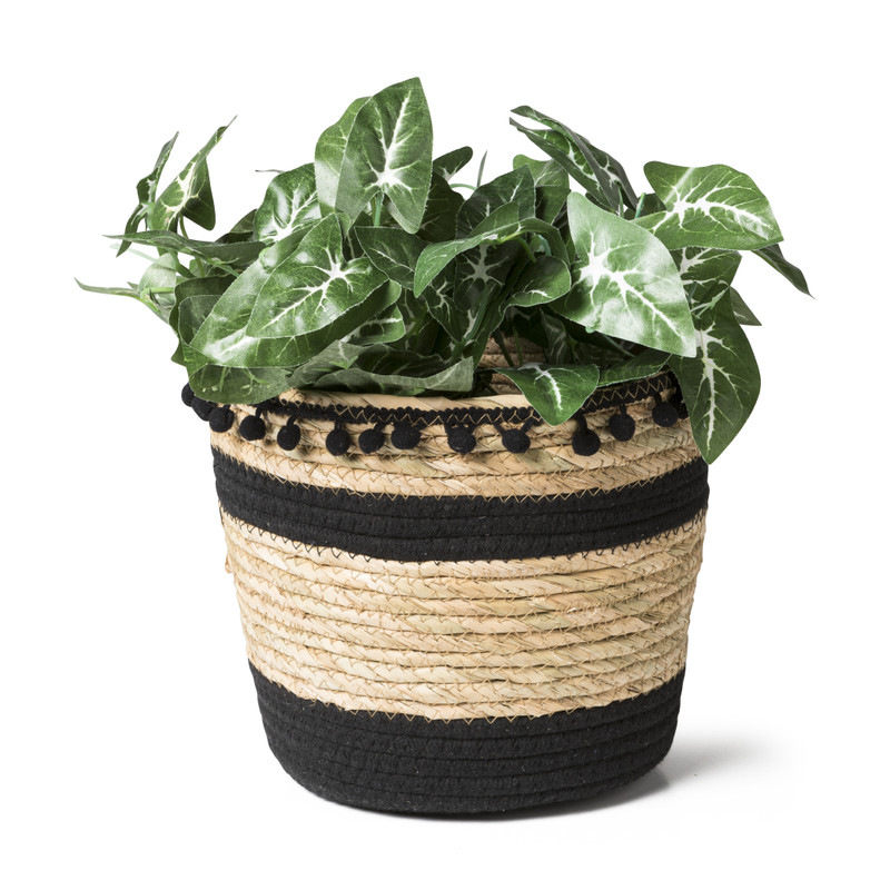 Bloempot met pompoms - naturel/zwart- ⌀25x20 cm