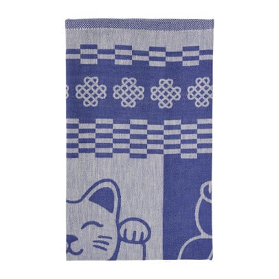Theedoek lucky cat - blauw/wit - 50x70 cm