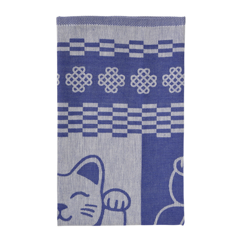 Theedoek lucky cat - blauw/wit - 50x70 cm