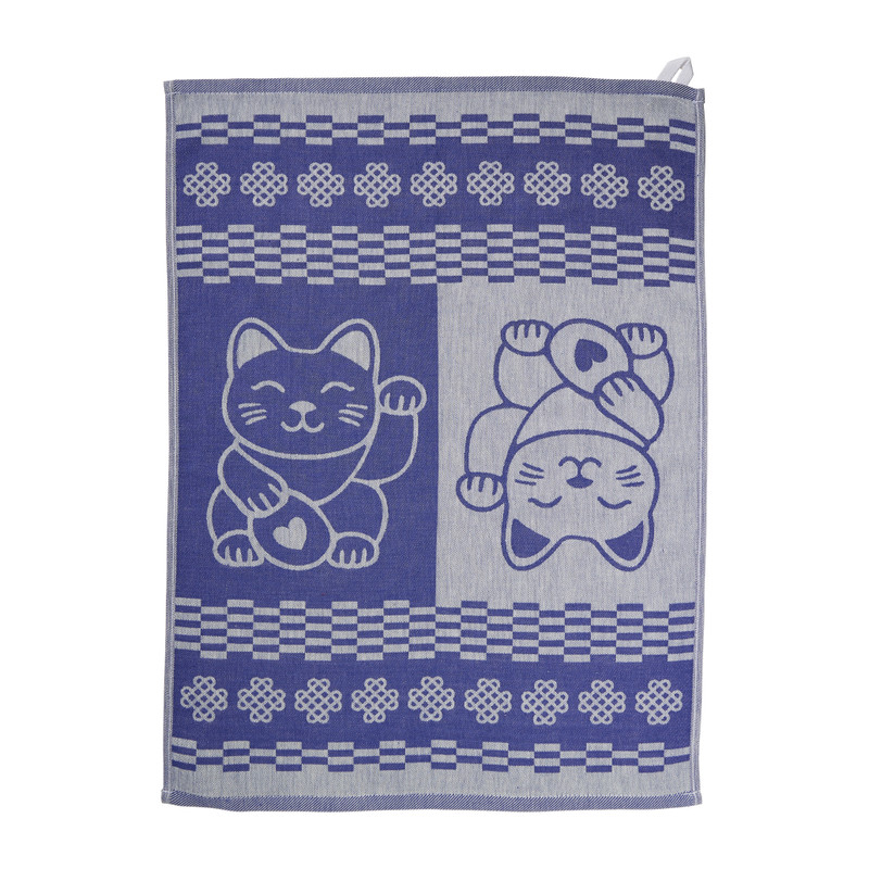 Theedoek lucky cat - blauw/wit - 50x70 cm