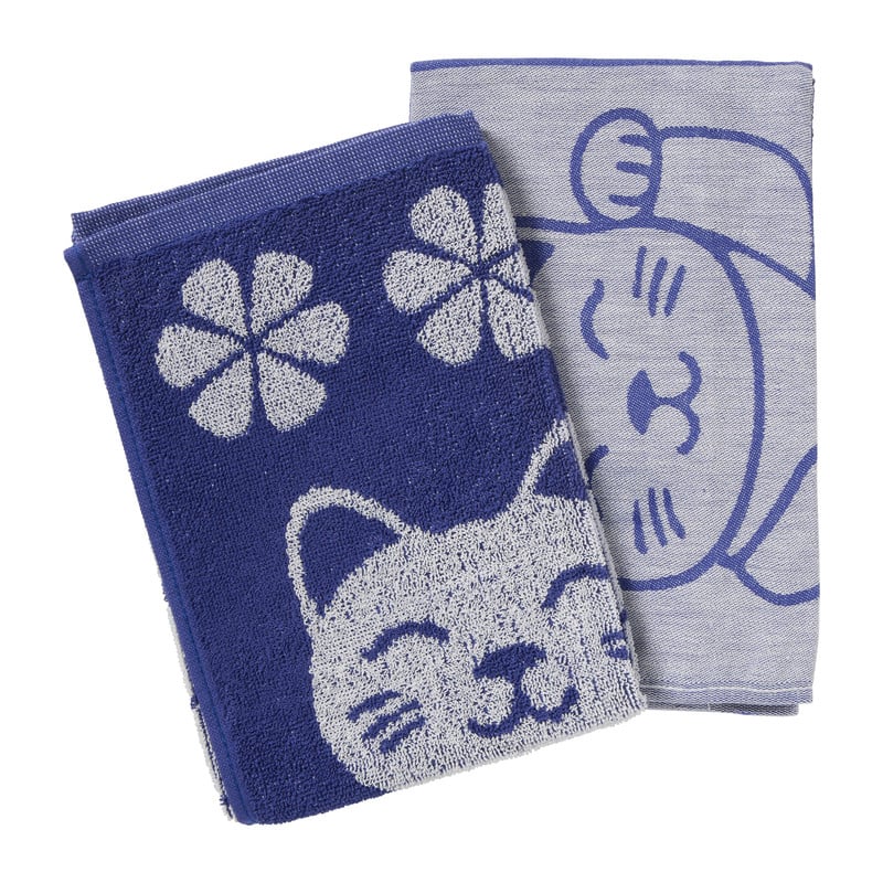 Theedoek lucky cat - blauw/wit - 50x70 cm
