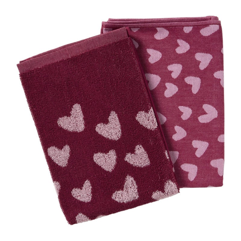 Theedoek hartjes - roze/paars - 50x70 cm 