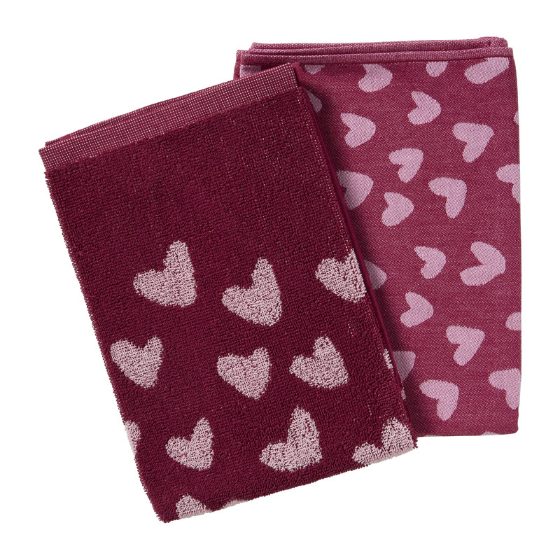 Keukendoek hartjes - roze/paars - 50x50 cm