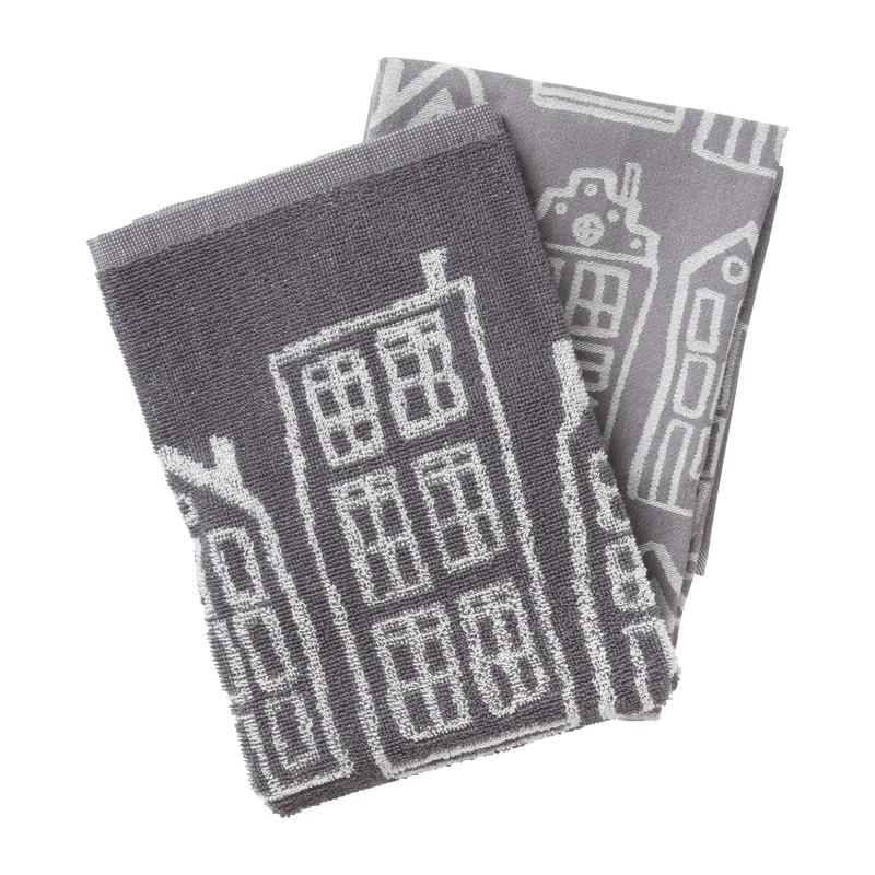 Theedoek antraciet huisjes - antraciet/wit - 50x70 cm