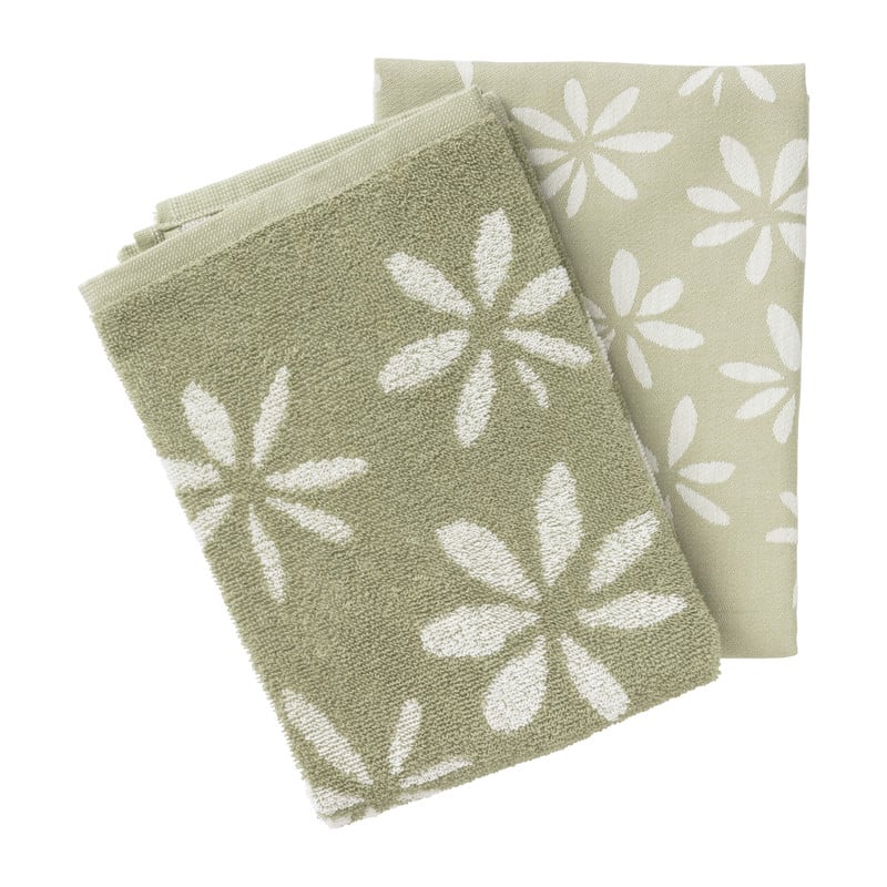 Handdoek bloemen - groen/wit - 50x50 cm